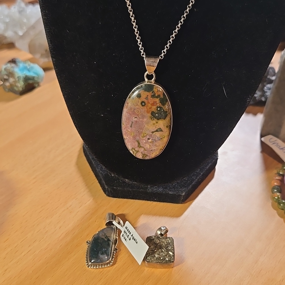 Pendant Bundle 925 (Ocean Jasper, Moss Agate,pyrite w/ 925 rolo chain 18 inches